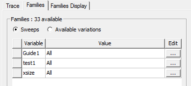 Families tab open. Sweeps option enabled. 