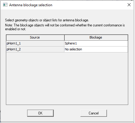 Antenna Blockage Selection dialog.