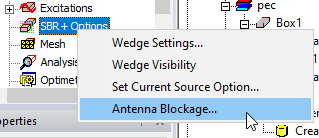 SBR+ Options short-cut menu, Antenna Blockage option highlighted.