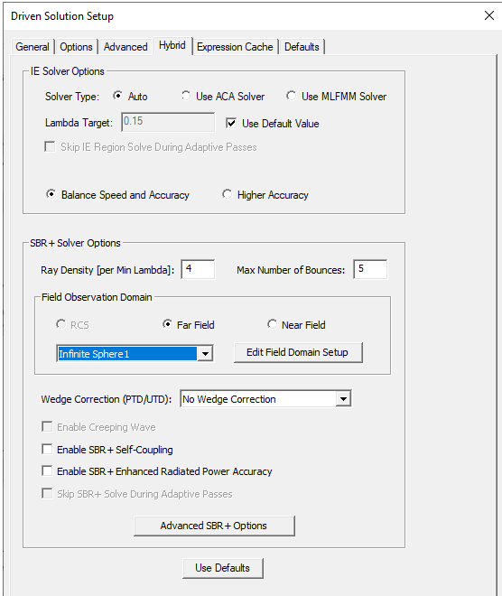 Driven Solution Setup dialog. Hybrid tab.