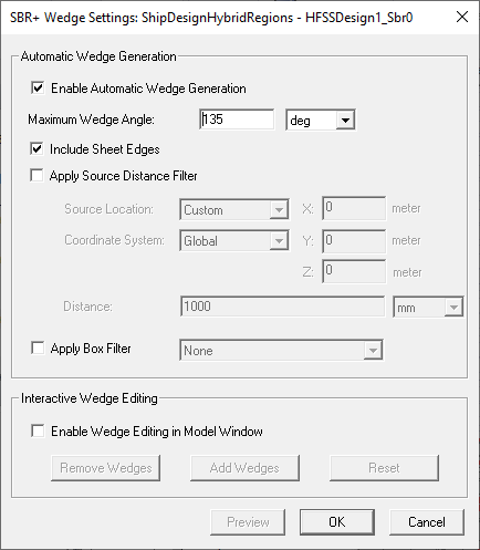 SBR+ Wedge Settings dialog.