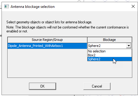 Antenna blockage Selection dialog. Blockage set to Sphere2.
