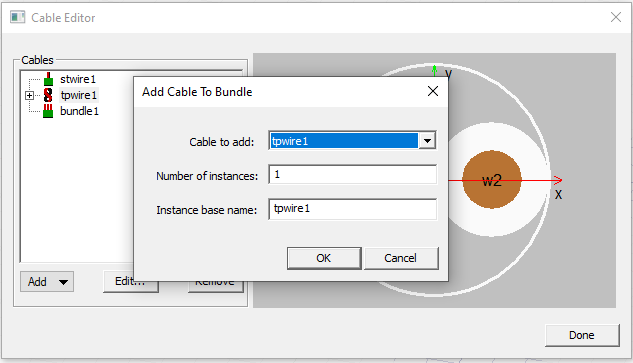 Cable editor window. Add Cable to bundle dialog.