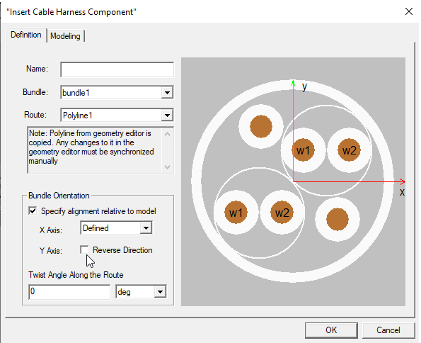Insert Cable Harness Component dialog. Definition tab.