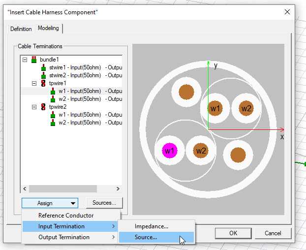 Insert Cable Harness Component dialog. Modeling tab. Input Termination set to Source.