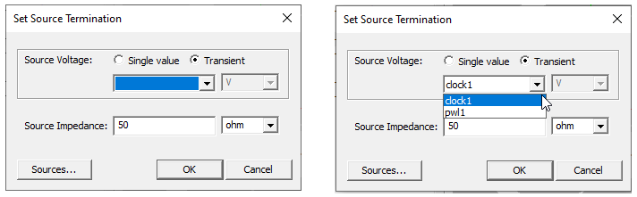 Set Srouce Termination dialog, source drop-down menu expanded.
