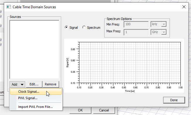 Cable Time Domain Sources dialog. Add Clock Signal highlighted.
