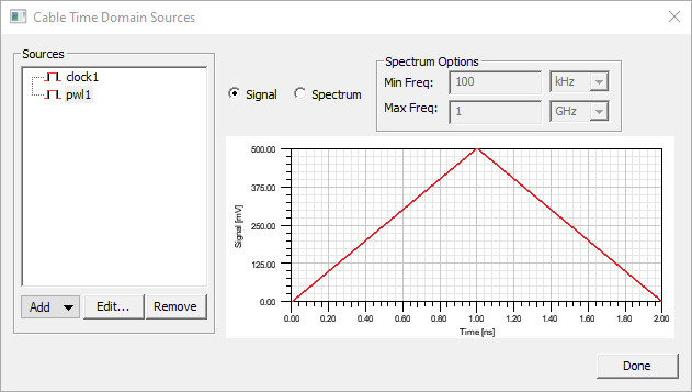 Cable Time Domain Sources dialog.