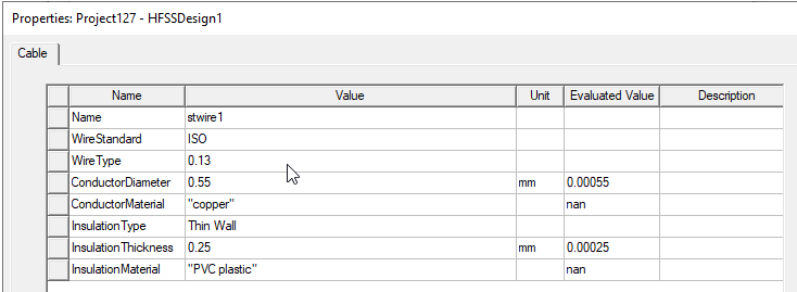 Properties dialog. Cable tab.