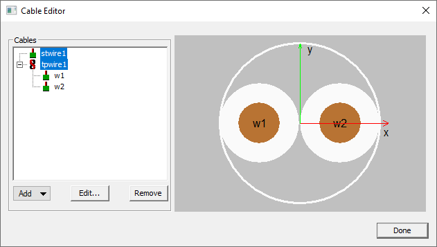 Cable Editor window, current wire selection shown in model preview window.