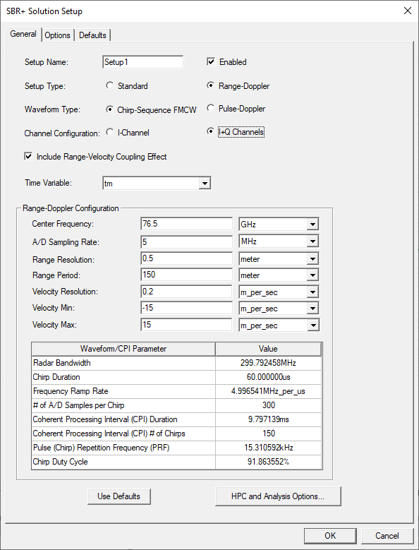 SBR+ Solution Setup Window. General tab.
