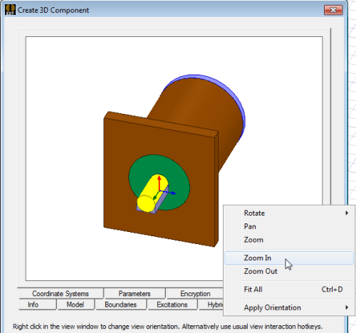 Create 3D Component dialog. Image tab displaying model and right-click menu. Zoom in highlighted.