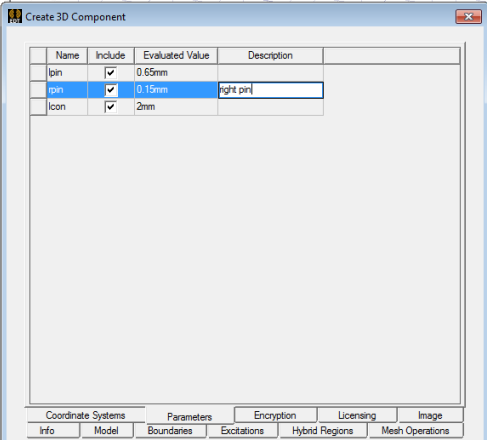 Create 3D Component dialog. Parameters tab.