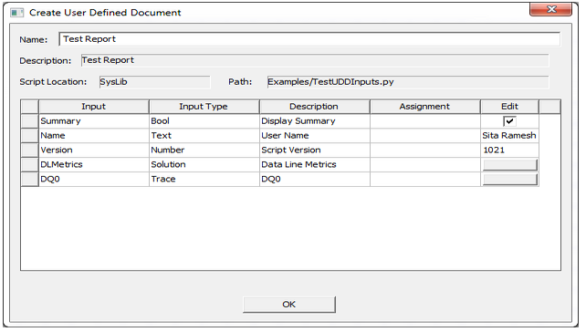 Create User Defined Document dialog.