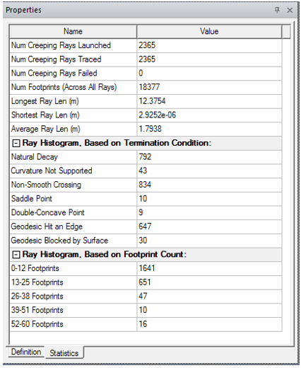 Properties window, Statistics tab.