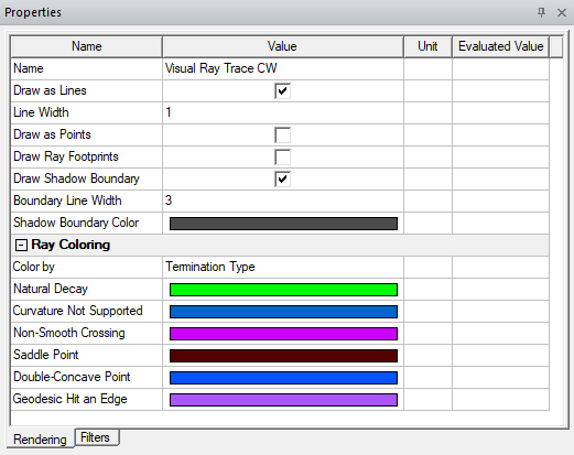 Properties window, rendering tab.