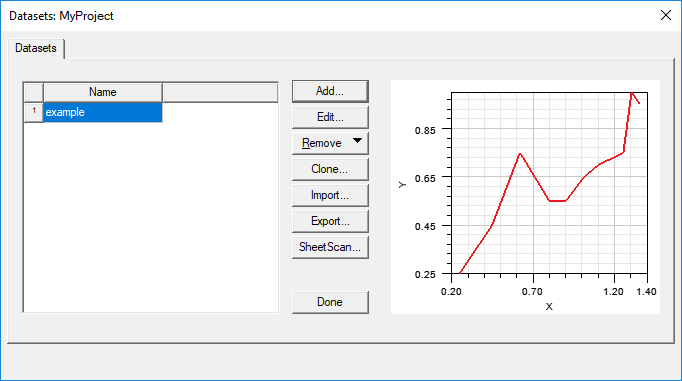 Dataset window. Example dataset listed