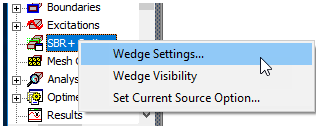 Project Tree, SBR+ Solution right-click menu. Wedge Settings highlighted. 