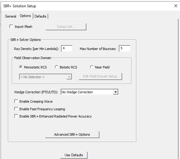 SBR+ Solution Setup dialog. Options tab.