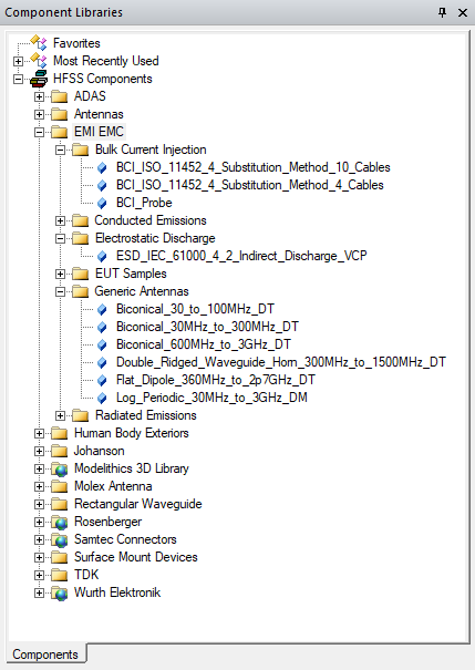 Component Libraries panel.EMI EMC folder expanded.