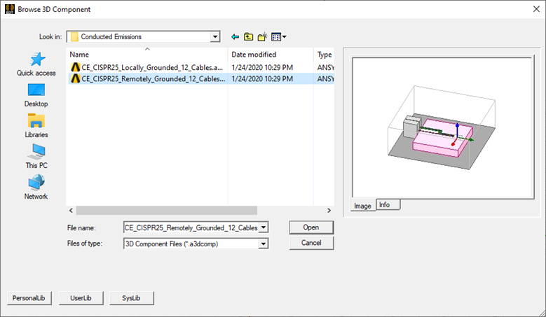 Browse 3D Component dialog. 3D Component selected, Image and Info tabs populated.