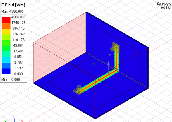 Bent model containing two 3D components. Fields plotted.