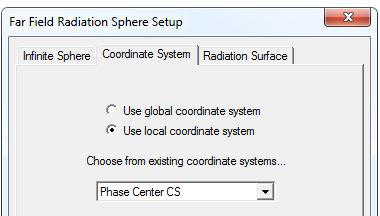 Far Field Radiation Sphere Setup dialog. Coordinate system tab. Use local coordinate system selected.