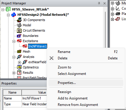 Project Manager Window > Project Tree > Active Design Folder > Excitations > Excitation > Properties