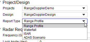 RADARpre project and design settings. Report Type drop-down menu expanded.