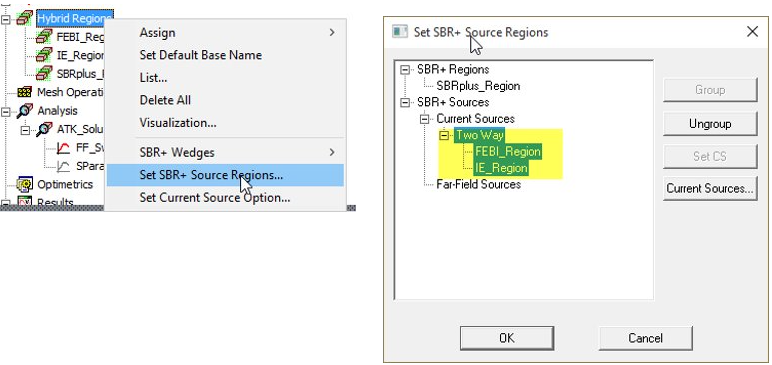 Hybrid Regions right-click menu. Set SBR + Source Regions option highlighted, Set SBR + Source Resgions dialog. 
