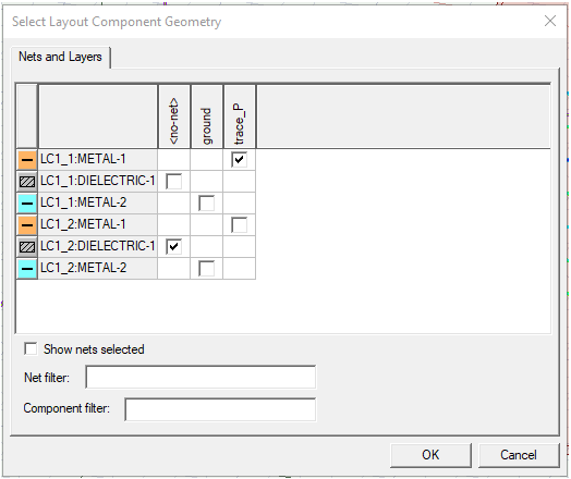 Select Layout Component Geometry dialog. Nets and Layers groupbox.