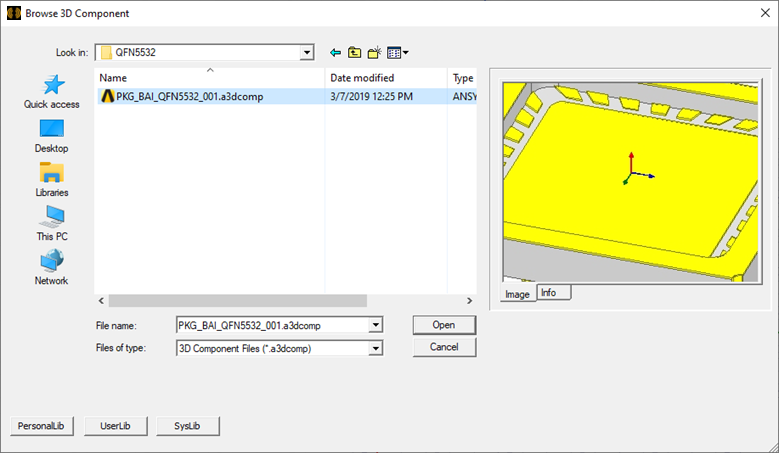 Browse 3D Components dialog. Component selected, Image preview and Info tab populated.