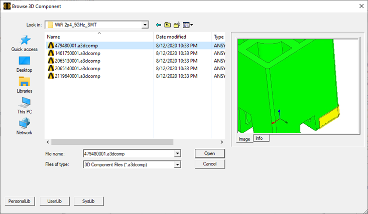 Browse 3D Components dialog. Component selected, Image preview and Info tab populated.