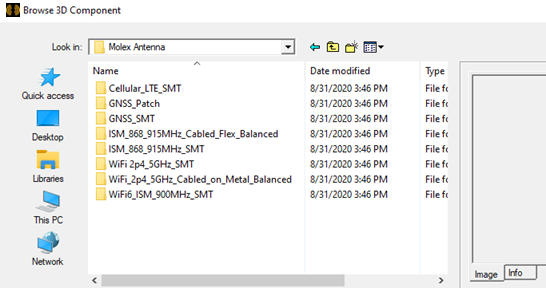 Browse 3D Components dialog. Molex antenna folder directory opened.