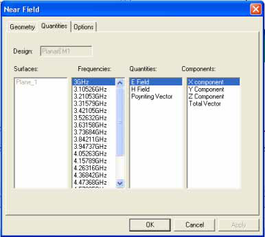 Near Field dialog, Quantities tab. Frequencies listed.