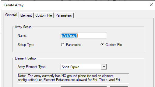 Create Array dialog. General Tab, Array Setup groupbox. Name field defined.