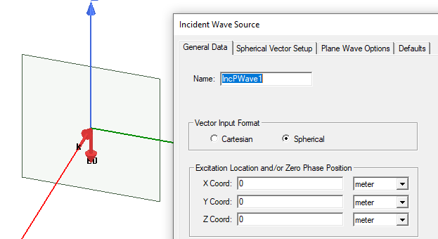 Incident Wave Srouce dialog, General Data tab, Vector Input format set to Spherical.