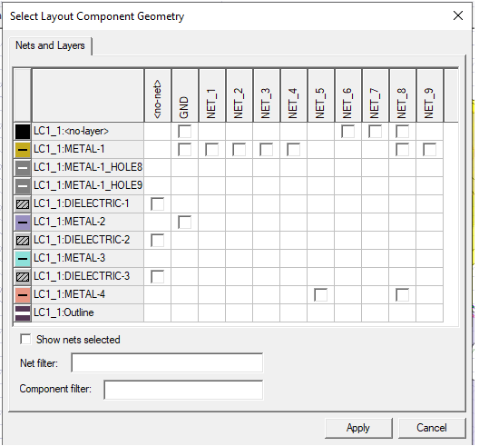 Select Layout Component Geometry dialog.