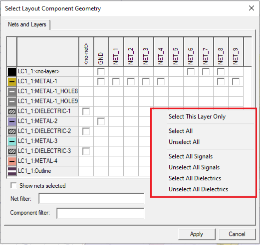 Select Layout Component Geometry dialog. Shortcut menu.