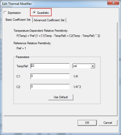 Edit Thermal Modifier window. Quadratic selected. 
