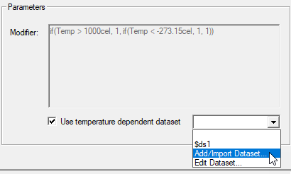 Parameters group box. Use temperature dependant dataset option selected, Add/Import Dataset option highlighted. 