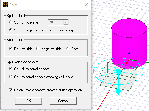 Split dialog. 3D objects in model viewer. Cyan colored wheel showing the split plane with arrow pointing to positive side.