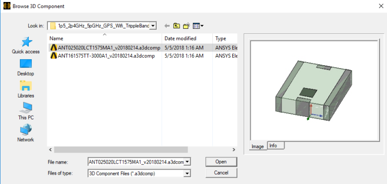 Browse 3D Component dialog. Component selected. Image preview and Info tab populated.