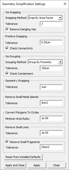 Geometry Simplification Settings Window