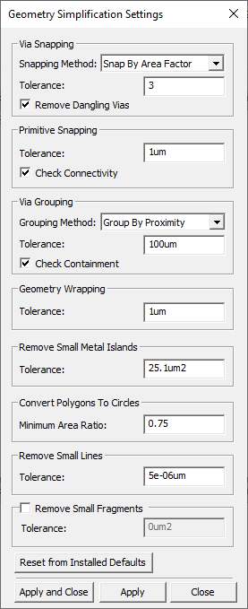 Geometry Simplification Settings Window
