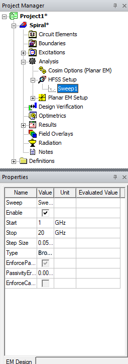 Analysis > Setup > Sweep > Properties Window
