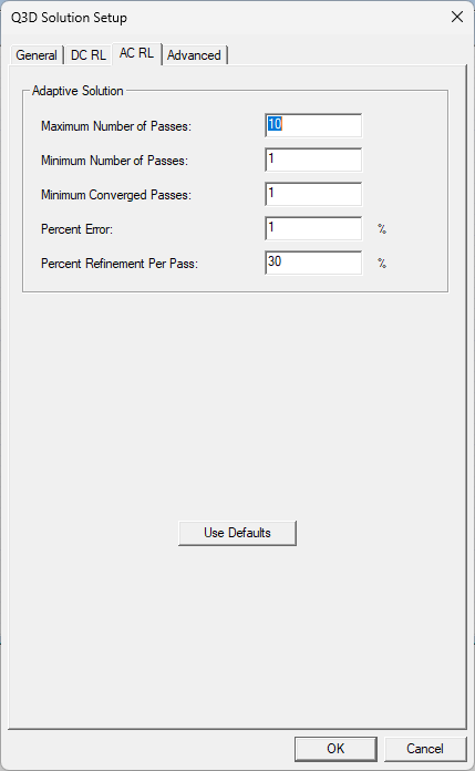 Q3D Solution Setup Window > AC RL Tab