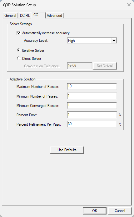 Q3D Solution Setup Window > CG Tab