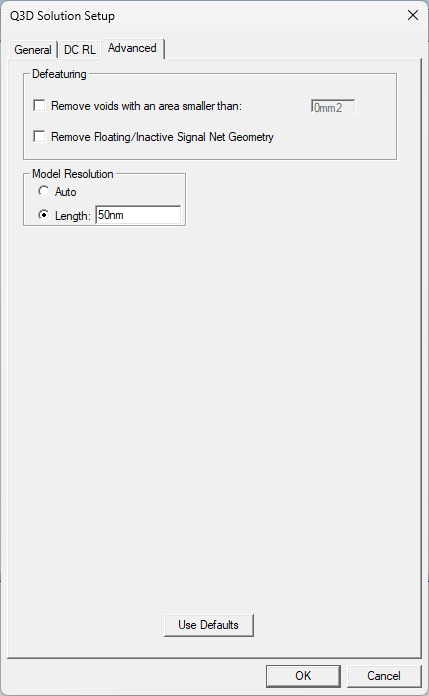 Q3D Solution Setup Window > Advanced Tab