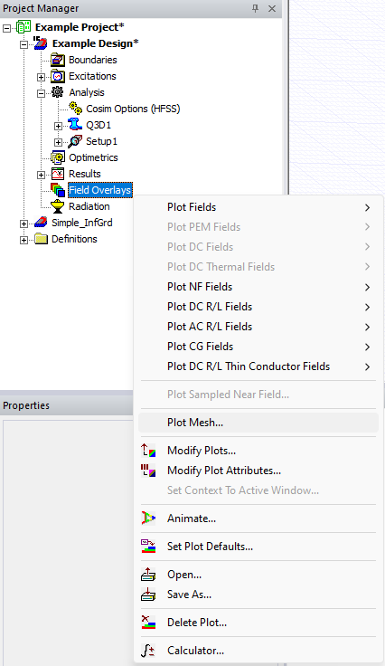 Project Manager Window > Project Tree > Active Design Folder > Plot Mesh
